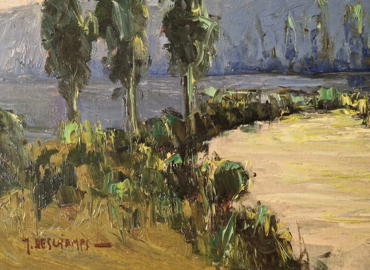 Gabriel Deschamps (1919-2011) Signed French Orig Oil/board - Landscape, River, House-photo-3