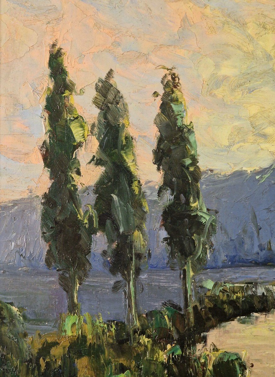 Gabriel Deschamps (1919-2011) Signed French Orig Oil/board - Landscape, River, House-photo-4