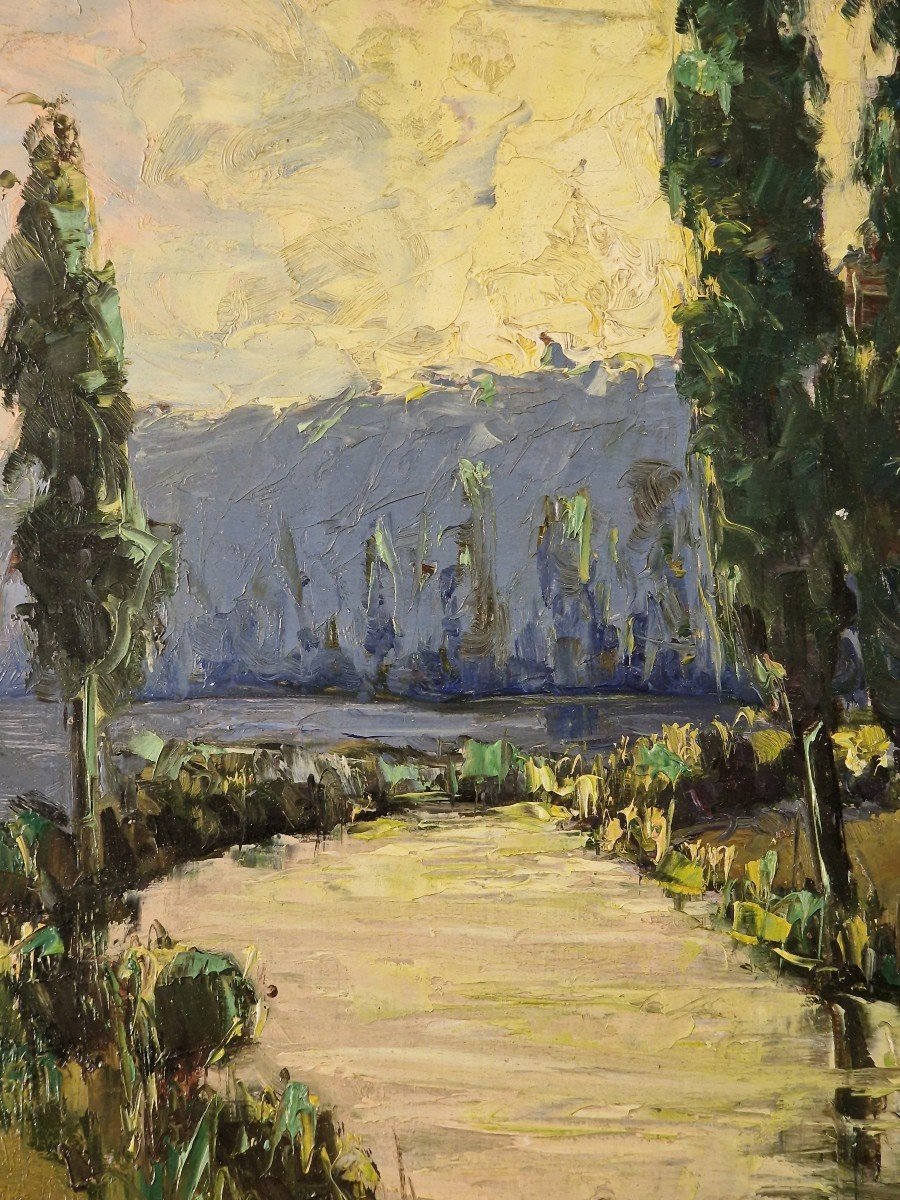 Gabriel Deschamps (1919-2011) Signed French Orig Oil/board - Landscape, River, House-photo-6