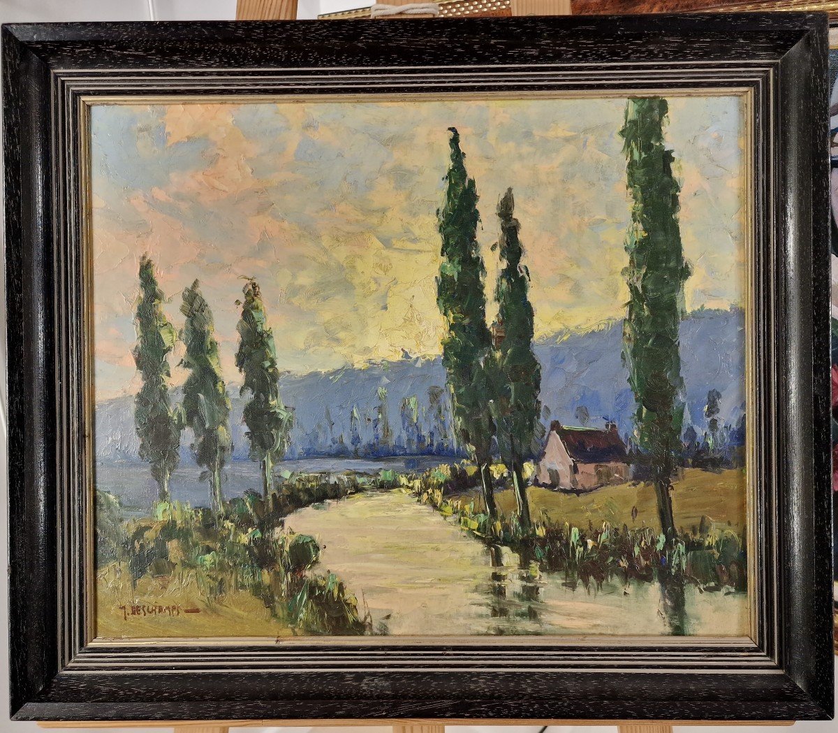 Gabriel Deschamps (1919-2011) Signed French Orig Oil/board - Landscape, River, House