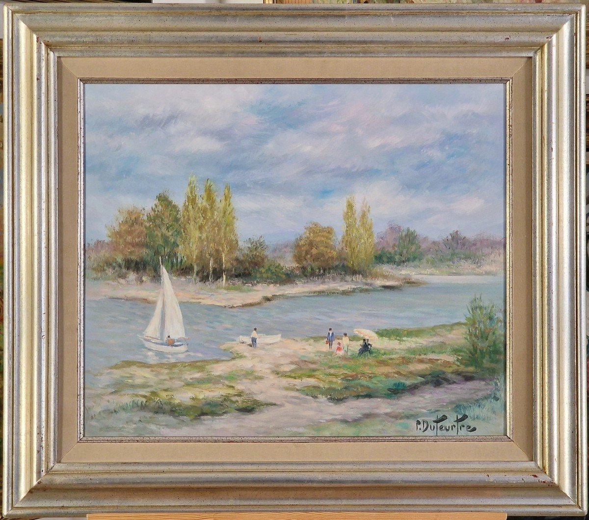 Pierre Eugene Duteurtre (1911-1989) Signed French Orig Oil/canvas - River, Figure, Boat, Loire