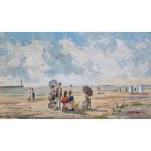Willy Pannier (born 1952) Signed French Orig Oil/board - Beach, Sea, Figure, Boat, Normandy