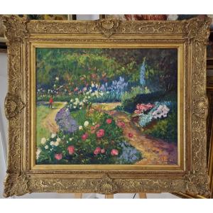 Jacques Huet (né en 1937) Huile/toile d'origine, signée - Jardin, Fleur, Rose, Impressionnisme