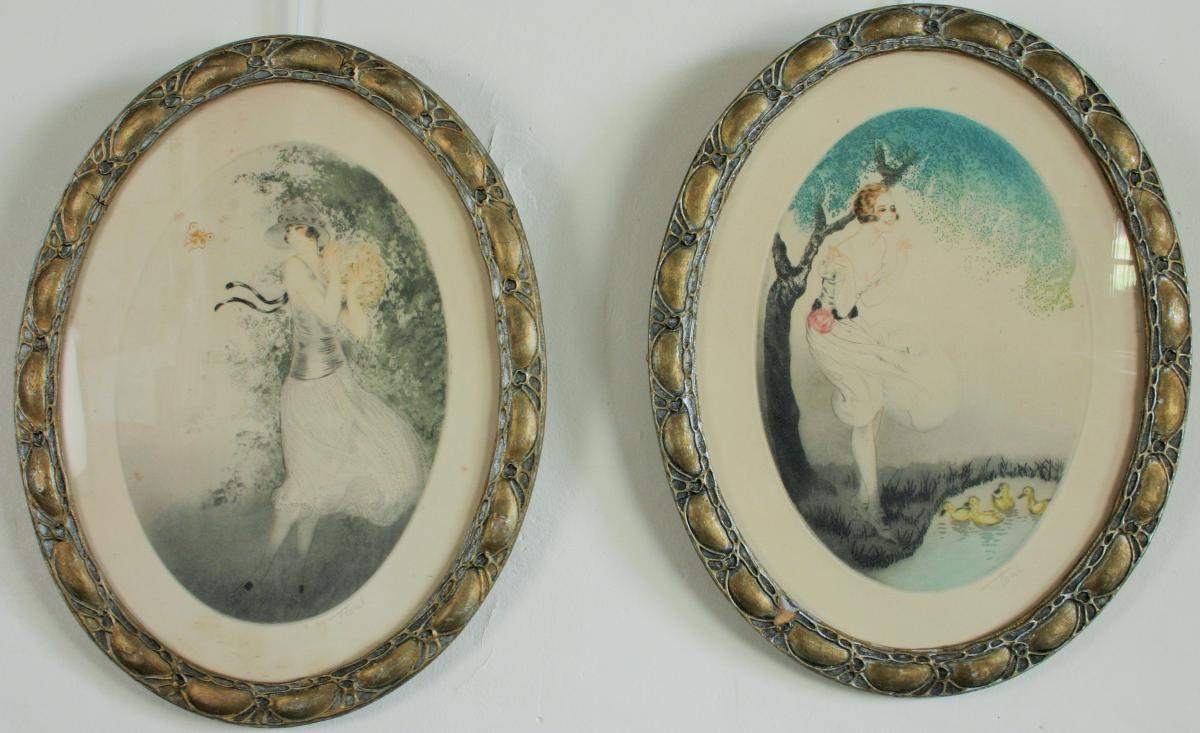 Floril, Eaux Fortes Pair In Color, Art Deco