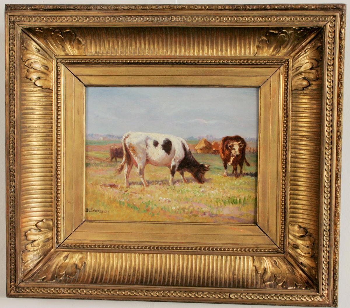 J-desvareux Larpenteur "cows Au Pré" Oil On Panel