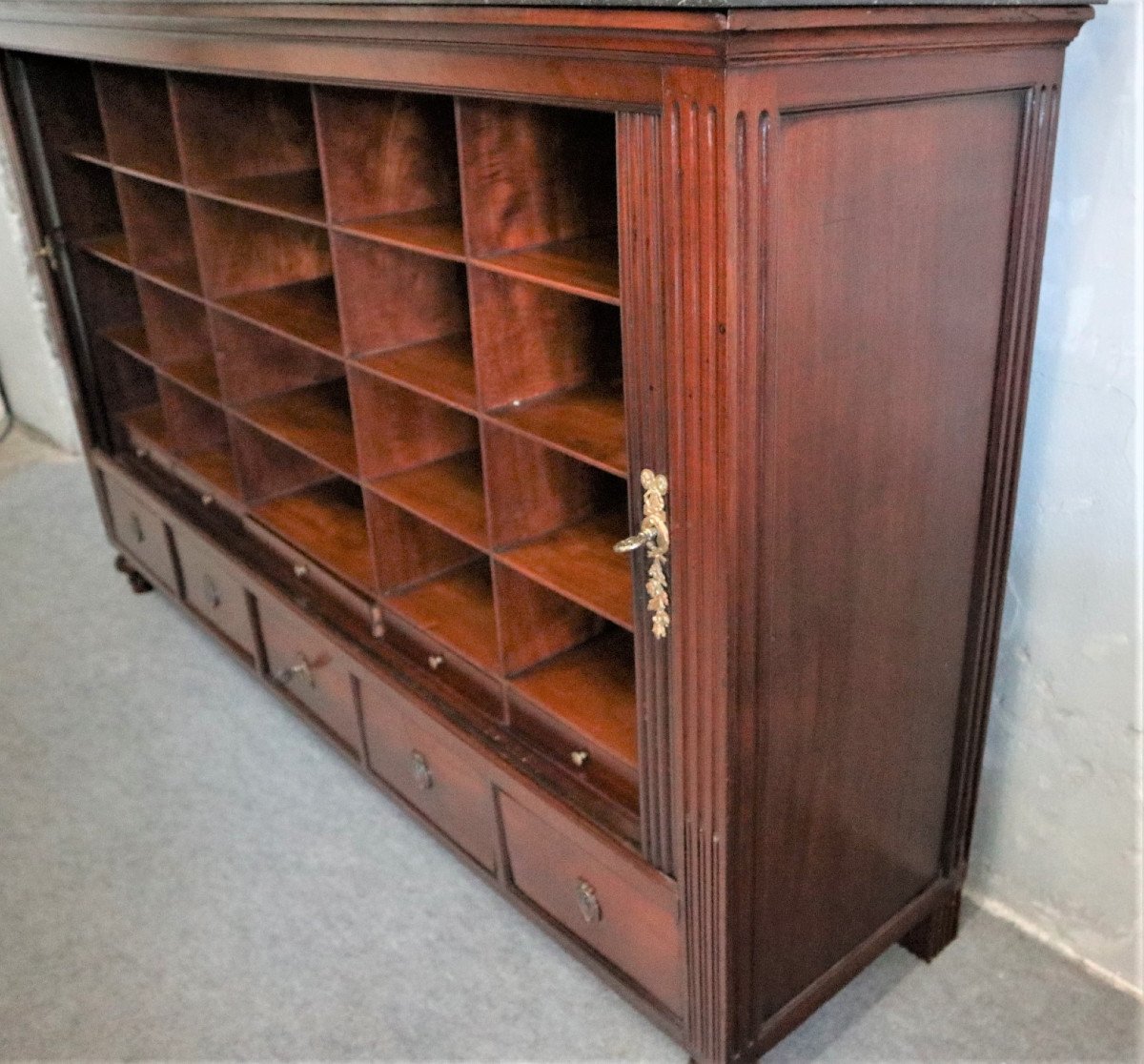 Large File Cabinet With Curtains, Mahogany, Marble Top, Louis XVI Period-photo-2