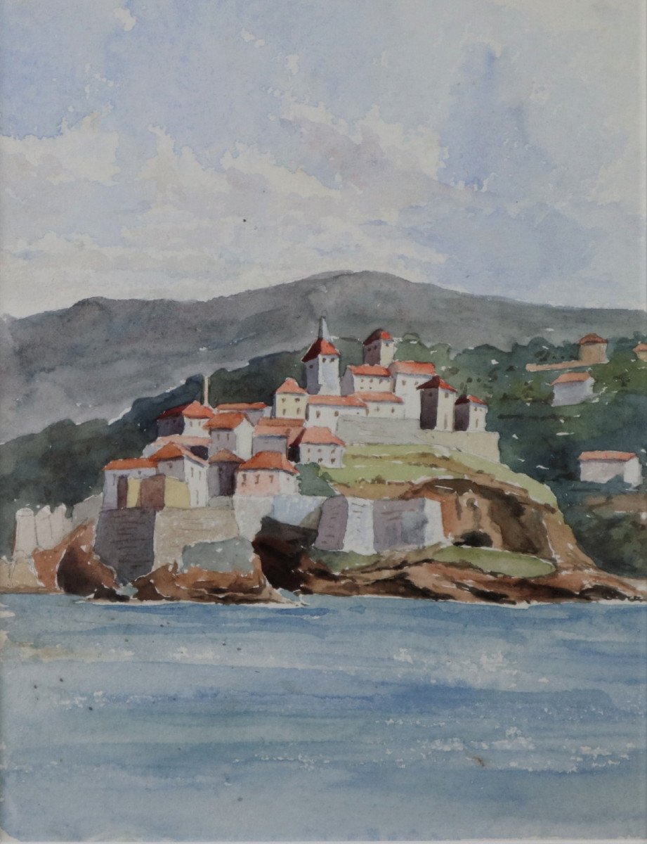 Watercolour, French School Of The XIXth Century, The Fortified Village.-photo-2