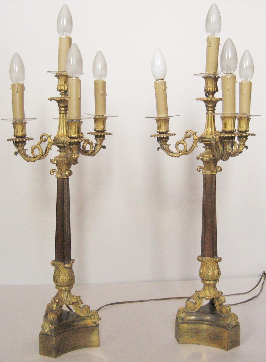 Pair Of Gilt Bronze Candelabra And, Antique Restoration Period, Electrified