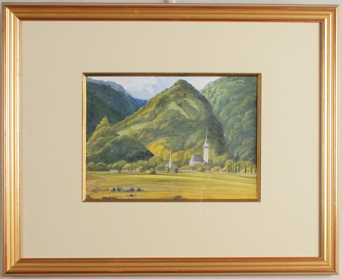 gouache, école fin XIXeme, village de montagne, encadrée