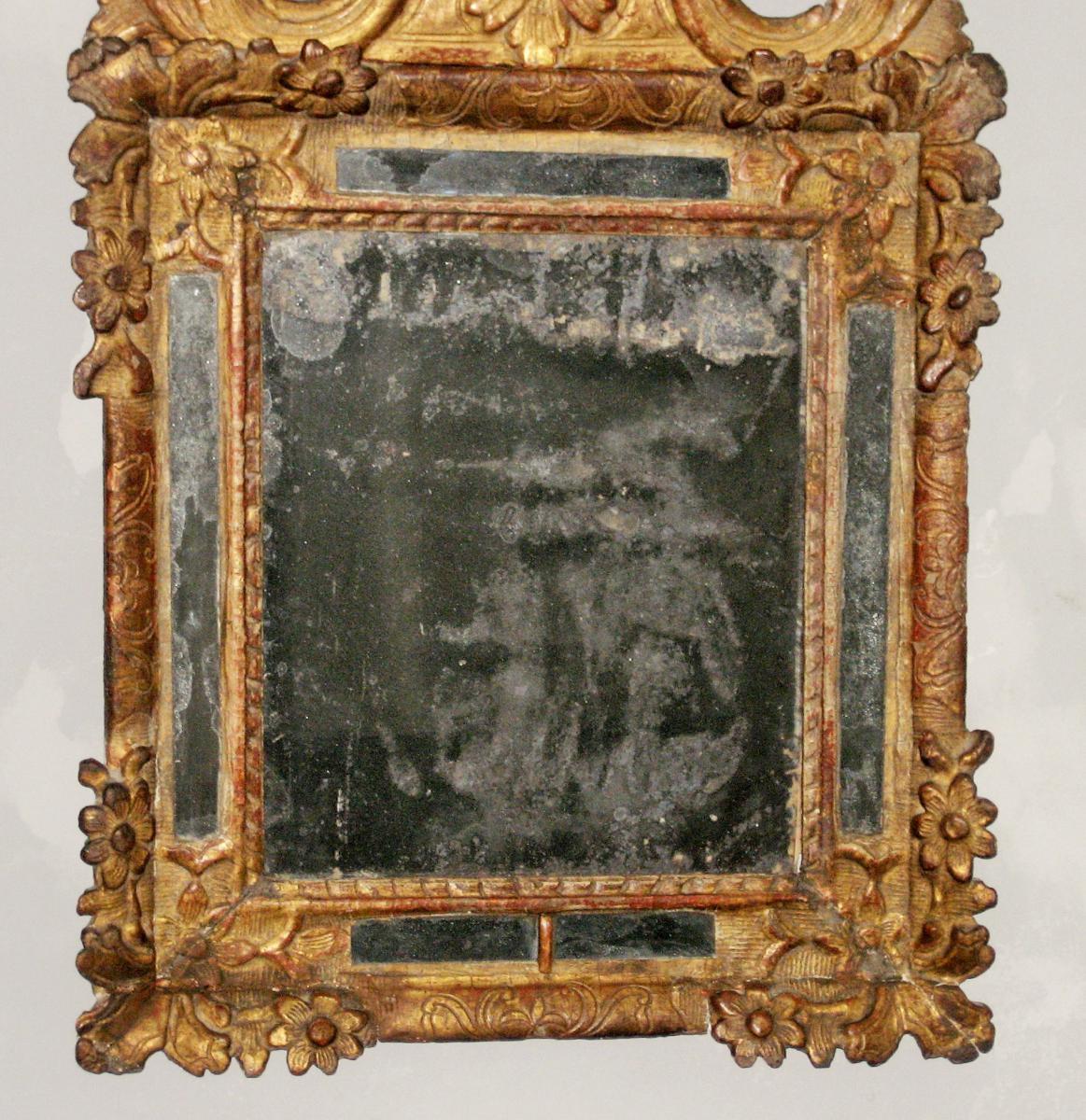 Miroir à Parecloses Surmonté d'Un Fronton, Bois Doré, èpoque Louis XIV-photo-3