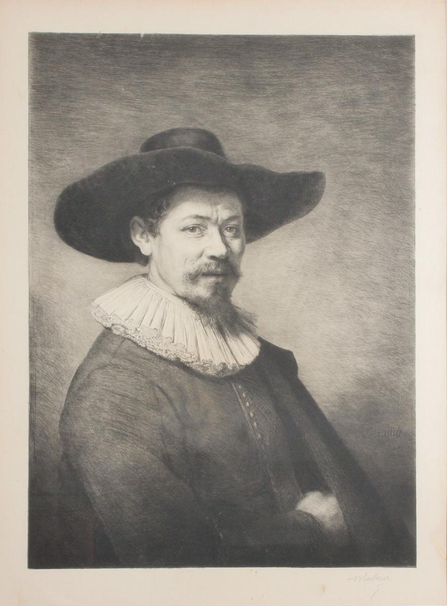 Engraving On Velin, Self Portrait, And After Rembrandt, 1884 Framed.-photo-2