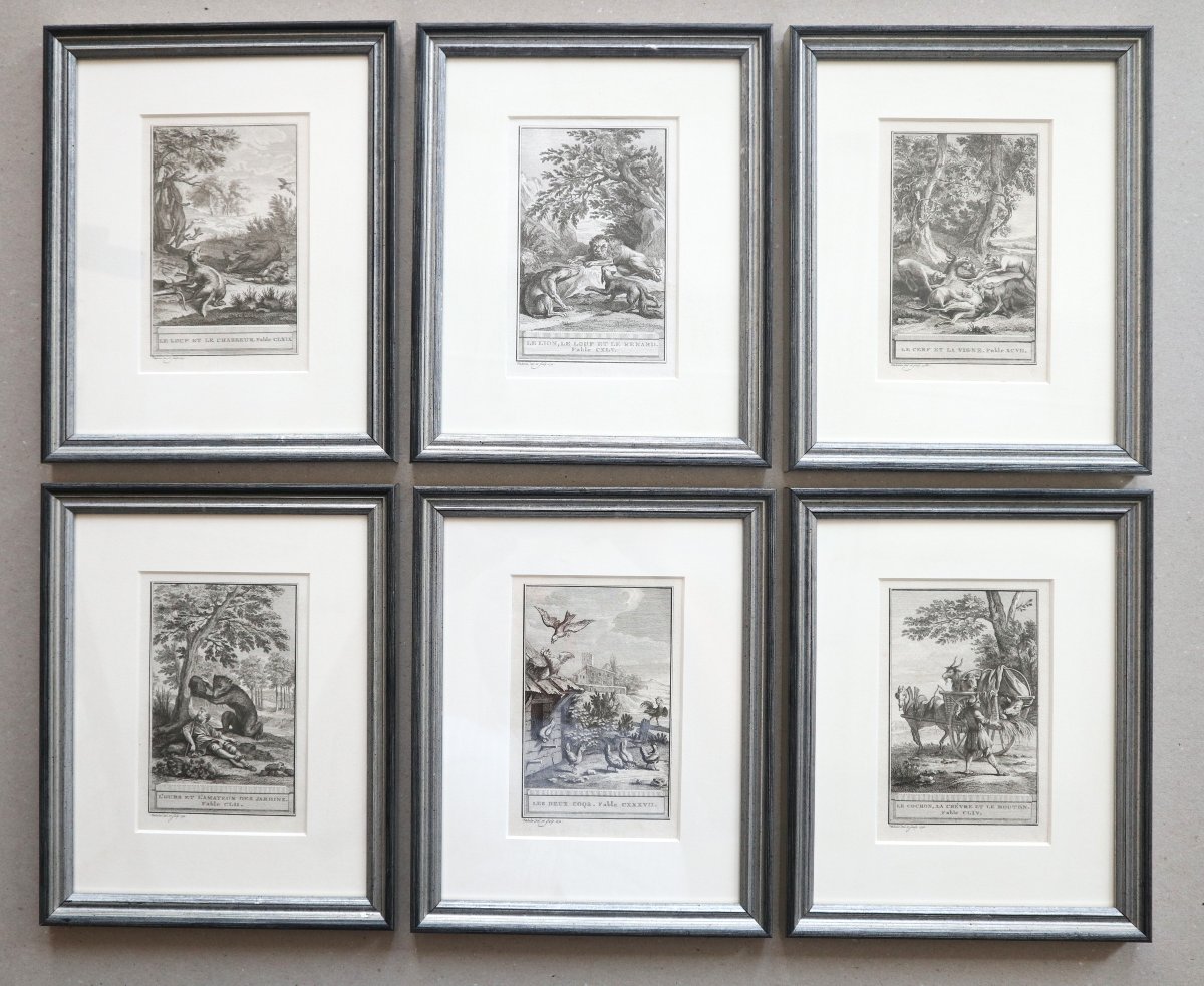 Les fables de La Fontaine, ensemble de 16 estampes encadrées, 1758.