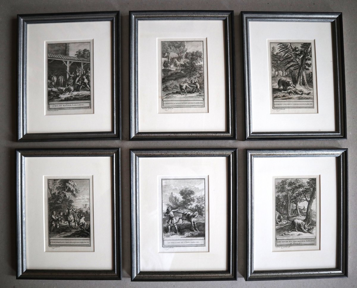 Les fables de La Fontaine, ensemble de 16 estampes encadrées, 1758.