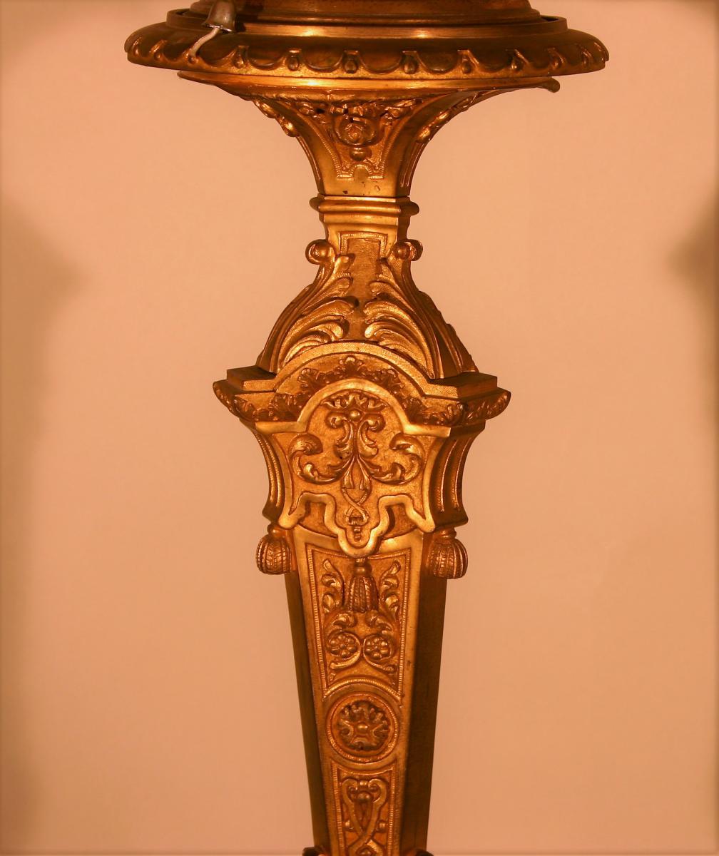 Great Lamp, Bronze Foot Carved And Gilded, End XIXth Century-photo-3