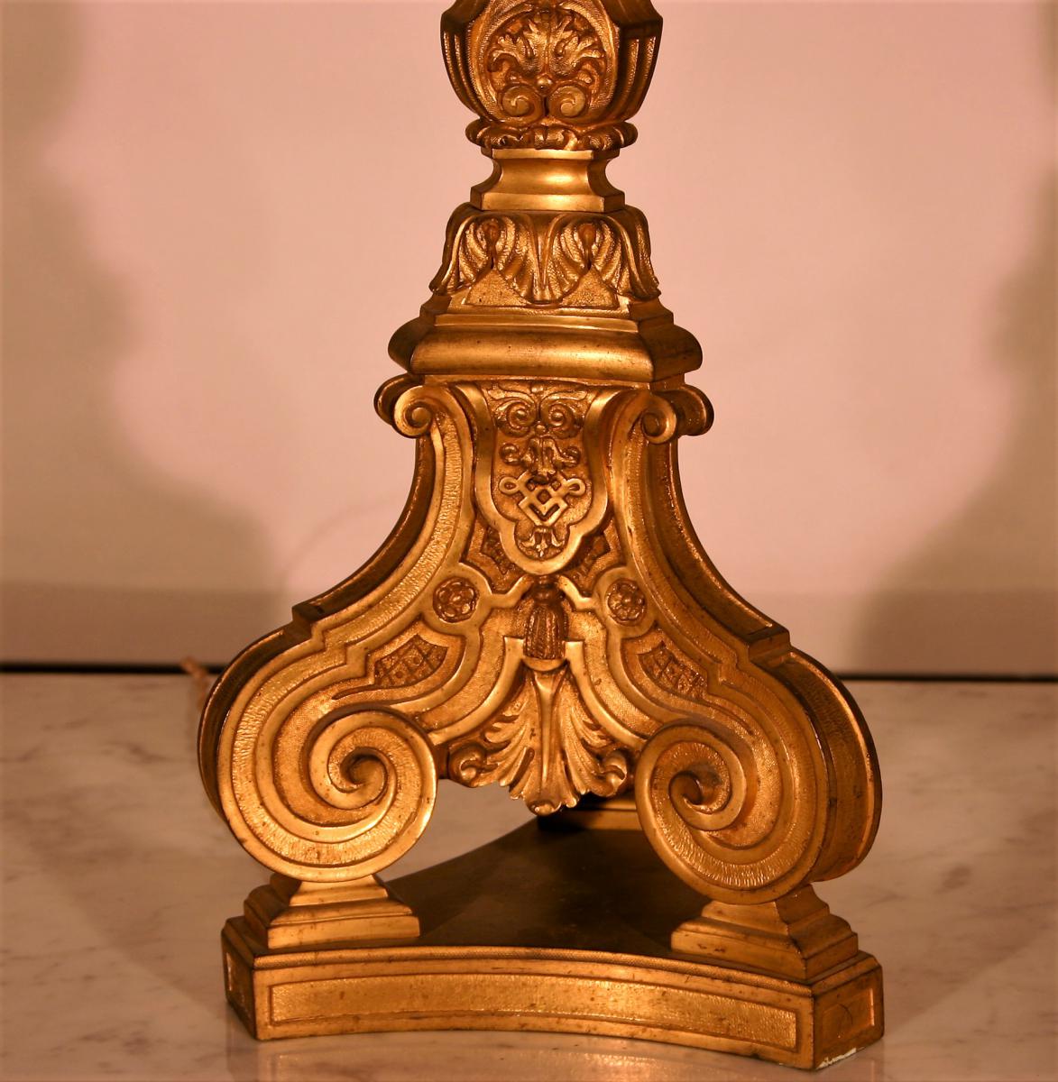 Great Lamp, Bronze Foot Carved And Gilded, End XIXth Century-photo-4