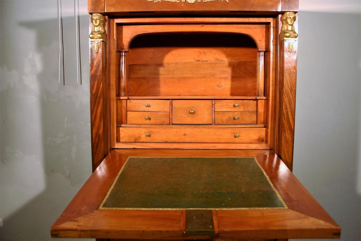 Secretary Empire With Leather, Mahogany And Gold Bronzes-photo-3