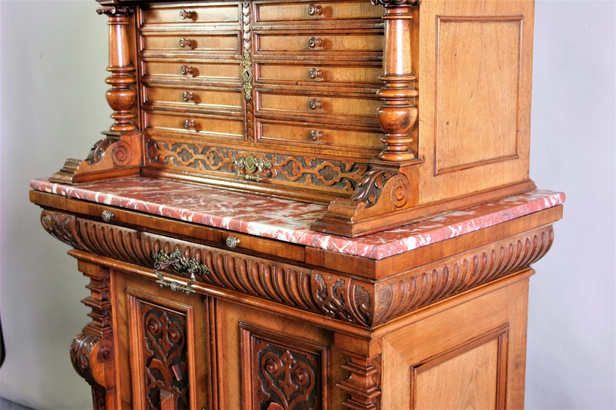 Cabinet With Two Corps Walnut Molded And Carved, Renaissance Style, End Of XIXth Century-photo-4