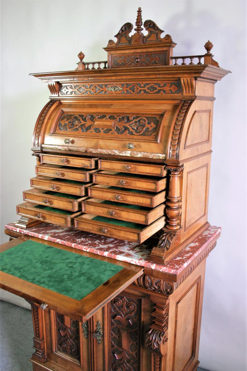 Cabinet With Two Corps Walnut Molded And Carved, Renaissance Style, End Of XIXth Century-photo-2
