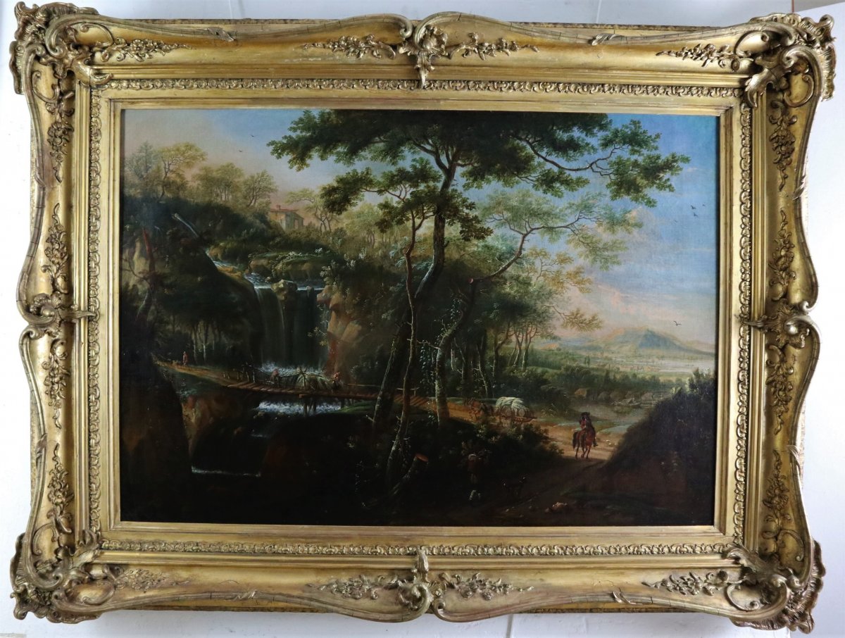 "la Cascade", Huile Sur Toile,école Hollandaise Du XVIIIeme Siécle