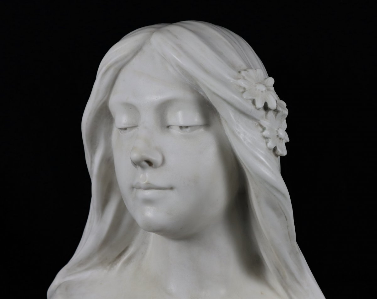 Bust Of Young Girl, White Carrara Marble, Art Nouveau, Signed G.verona-photo-2