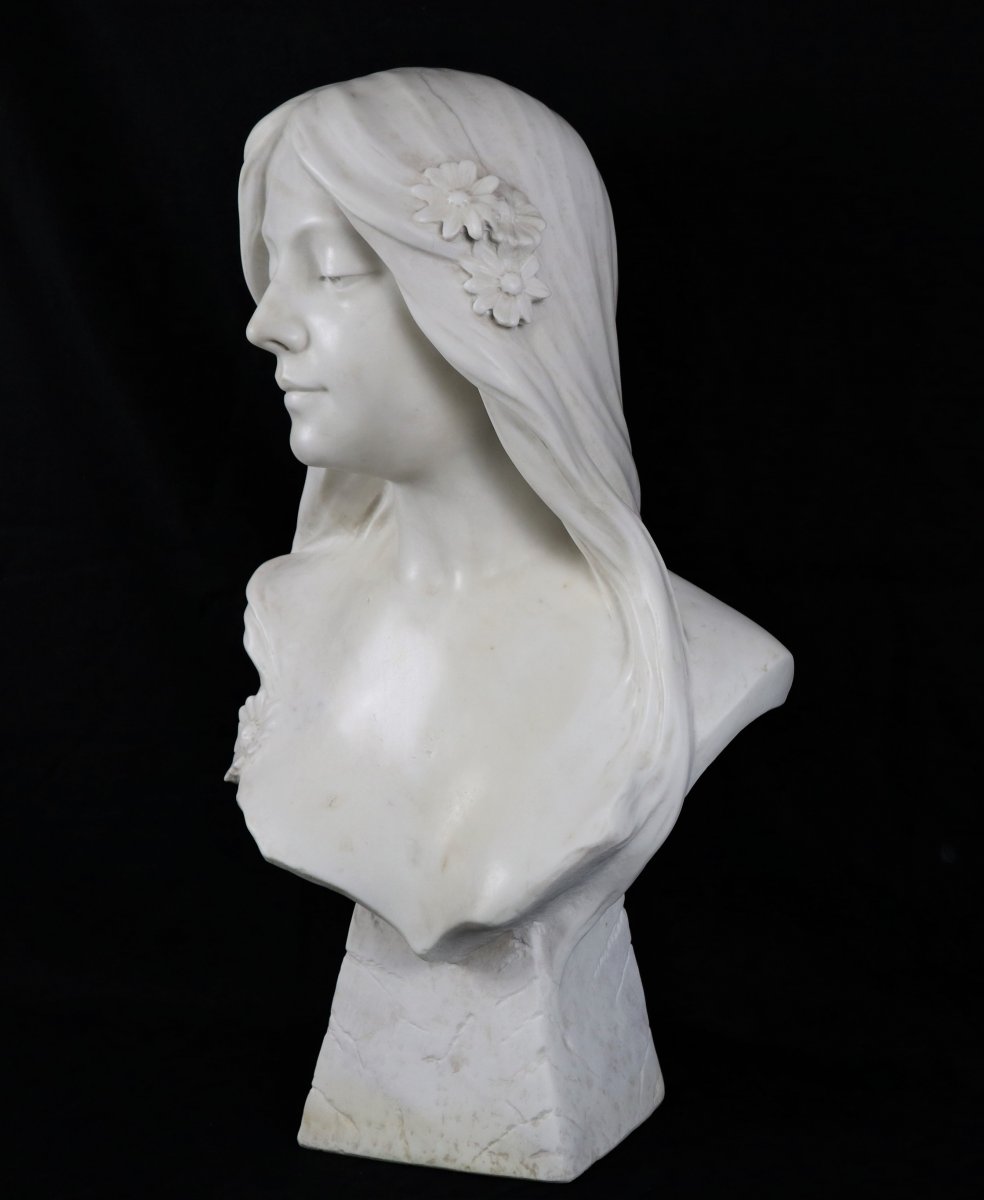 Bust Of Young Girl, White Carrara Marble, Art Nouveau, Signed G.verona-photo-3