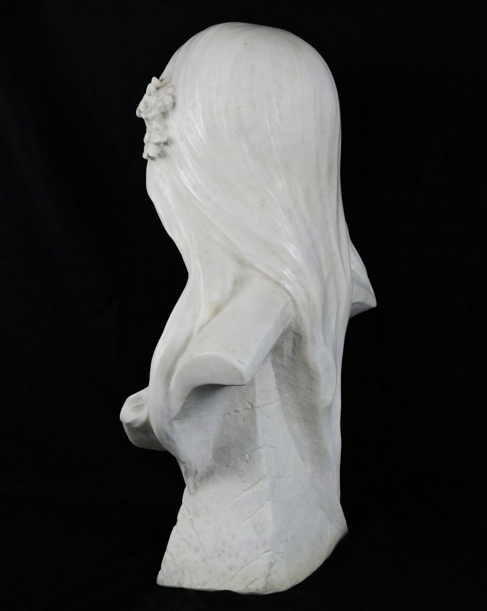 Bust Of Young Girl, White Carrara Marble, Art Nouveau, Signed G.verona-photo-1