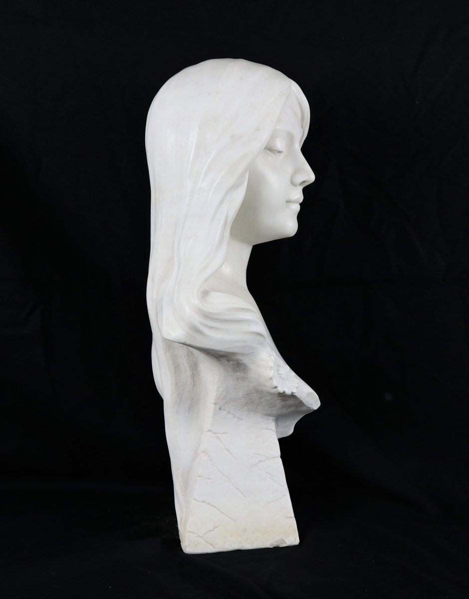 Bust Of Young Girl, White Carrara Marble, Art Nouveau, Signed G.verona-photo-3