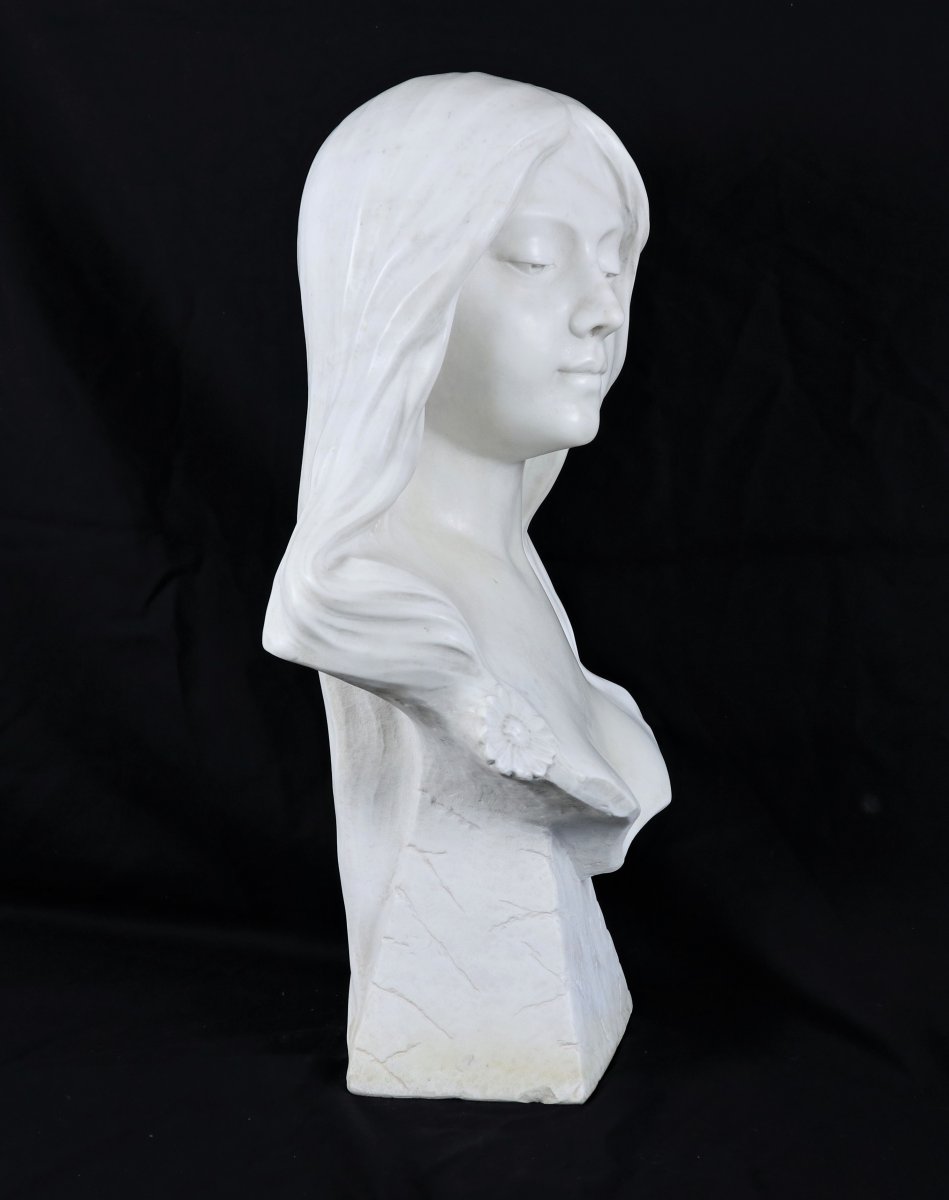 Bust Of Young Girl, White Carrara Marble, Art Nouveau, Signed G.verona-photo-4