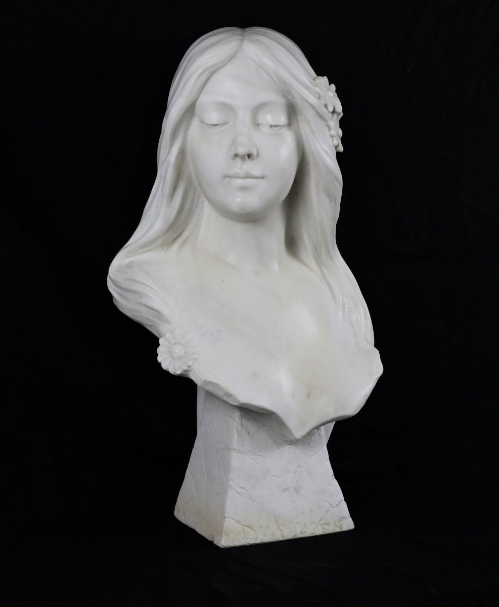 Bust Of Young Girl, White Carrara Marble, Art Nouveau, Signed G.verona