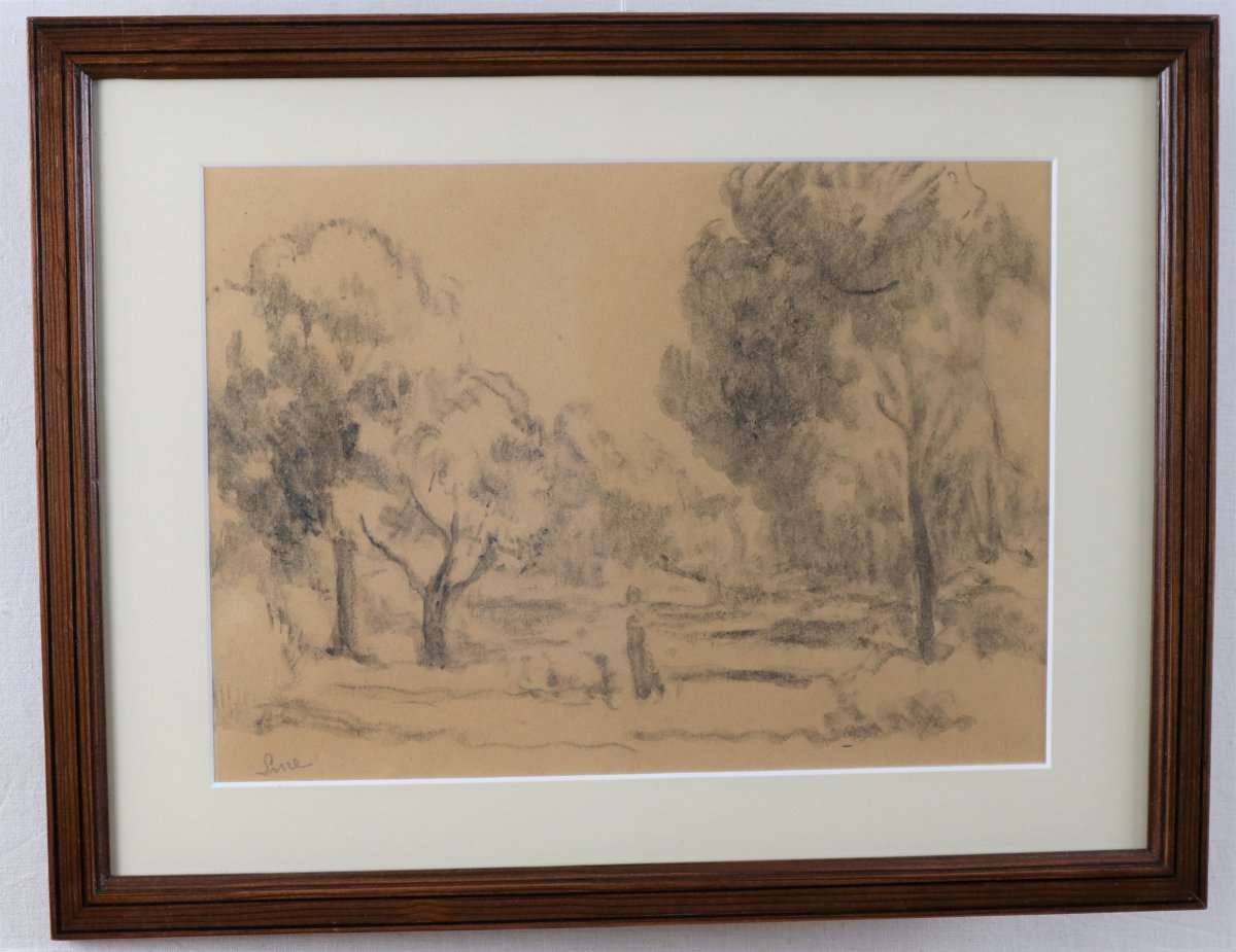 Maximilien Luce, Paysage Animé, Fusain Signé , Cadre Pitchpin