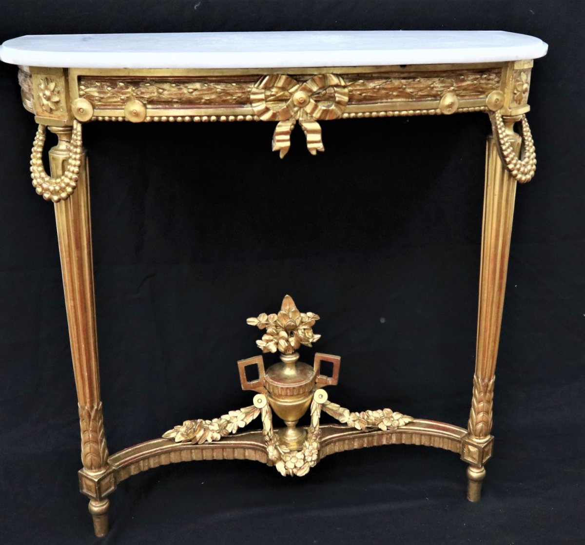 Console d'Applique Demi-lune, Bois Sculpté Et Doré, Marbre Blanc, Style Louis XVI, époque XIXe 