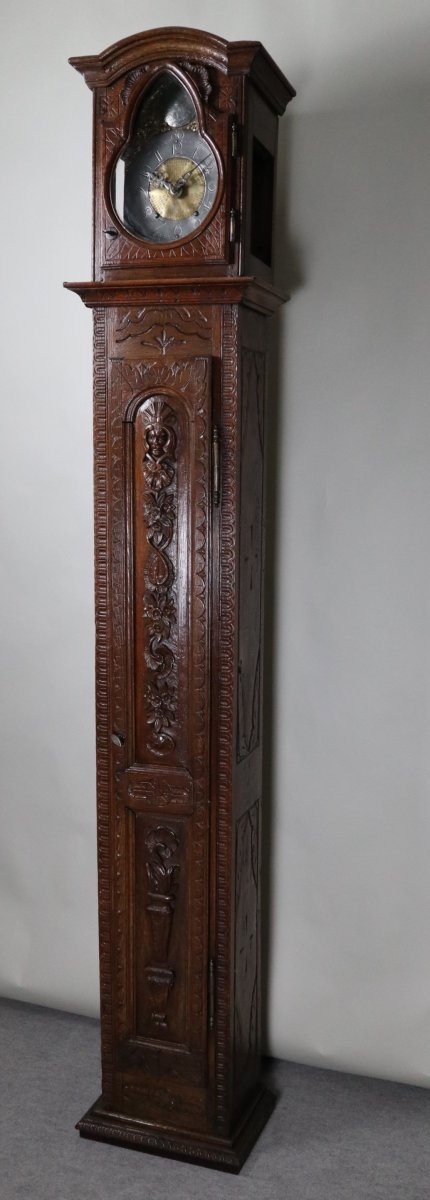 Carved Oak Floor Clock, XVIIIth Movement