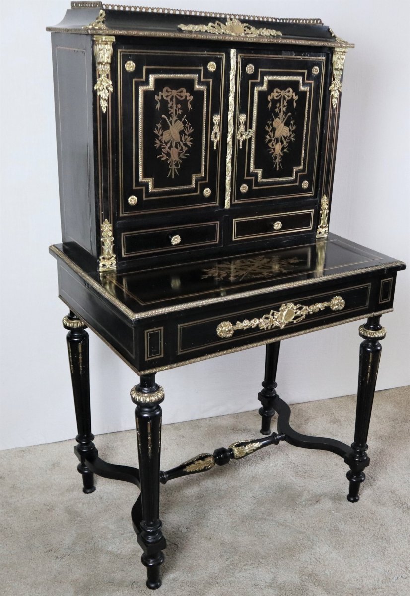 Bonheur Du Jour Blackened Wood, Brass Marquetry, Napoleon III-photo-2