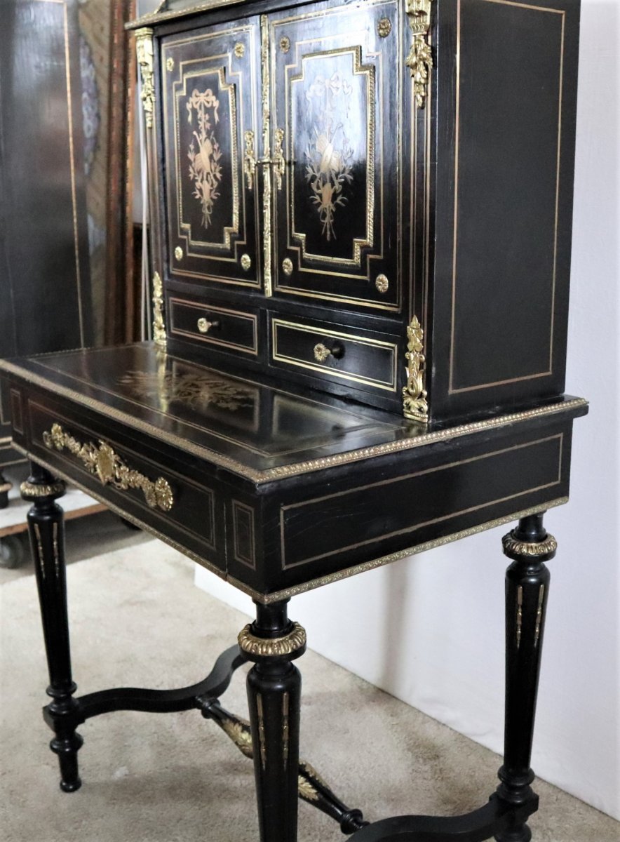 Bonheur Du Jour Blackened Wood, Brass Marquetry, Napoleon III-photo-7