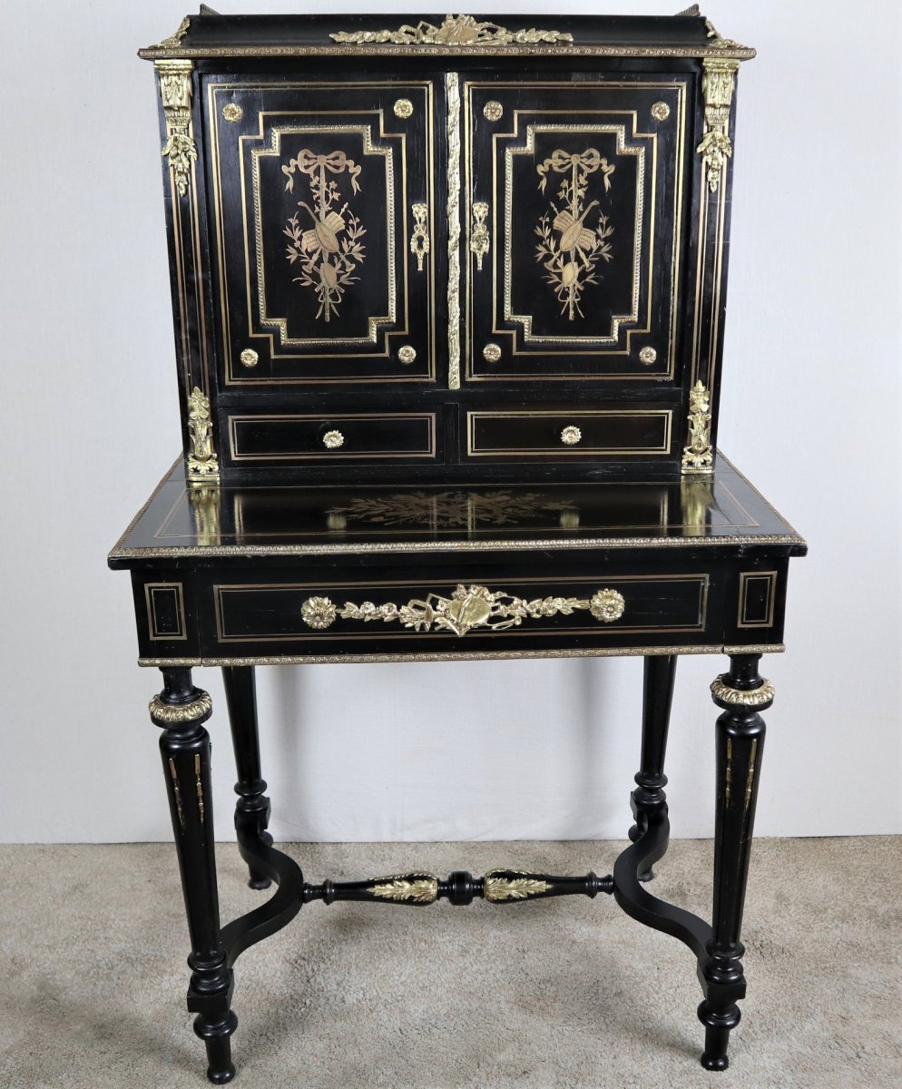 Bonheur Du Jour Blackened Wood, Brass Marquetry, Napoleon III