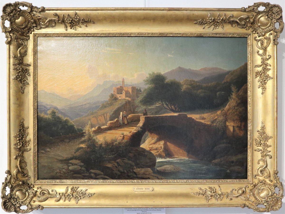 "paysage animé au pont de pierre" E.MAME, huile sur toile