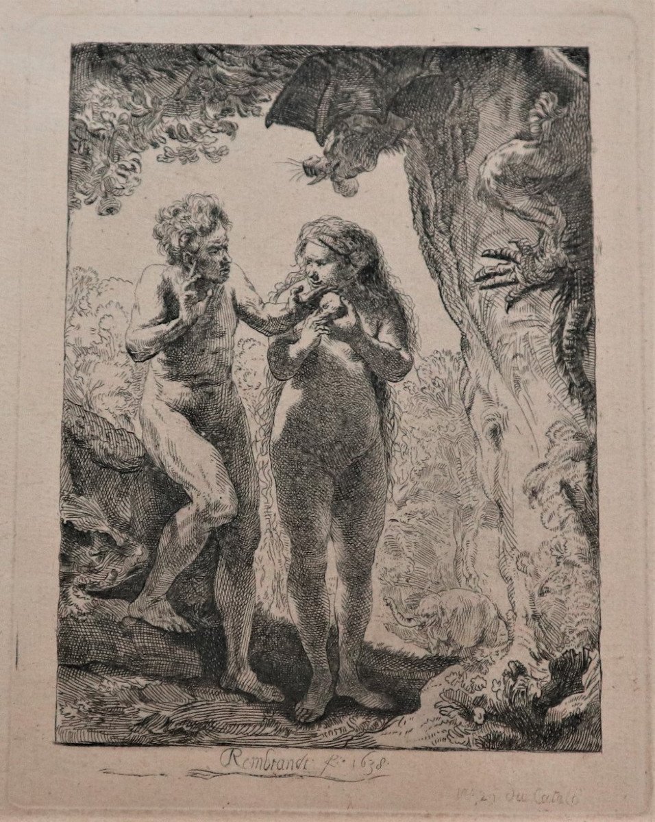 Adam Et Eve, Eau-forte d'Aprés Rembrandt, P.f Basan, XVIIIeme Siècle.-photo-2