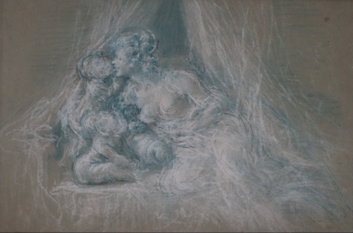 " le baiser", dessin érotique, craie bleue et blanche, XIXeme siècle, cadre moderne-photo-2