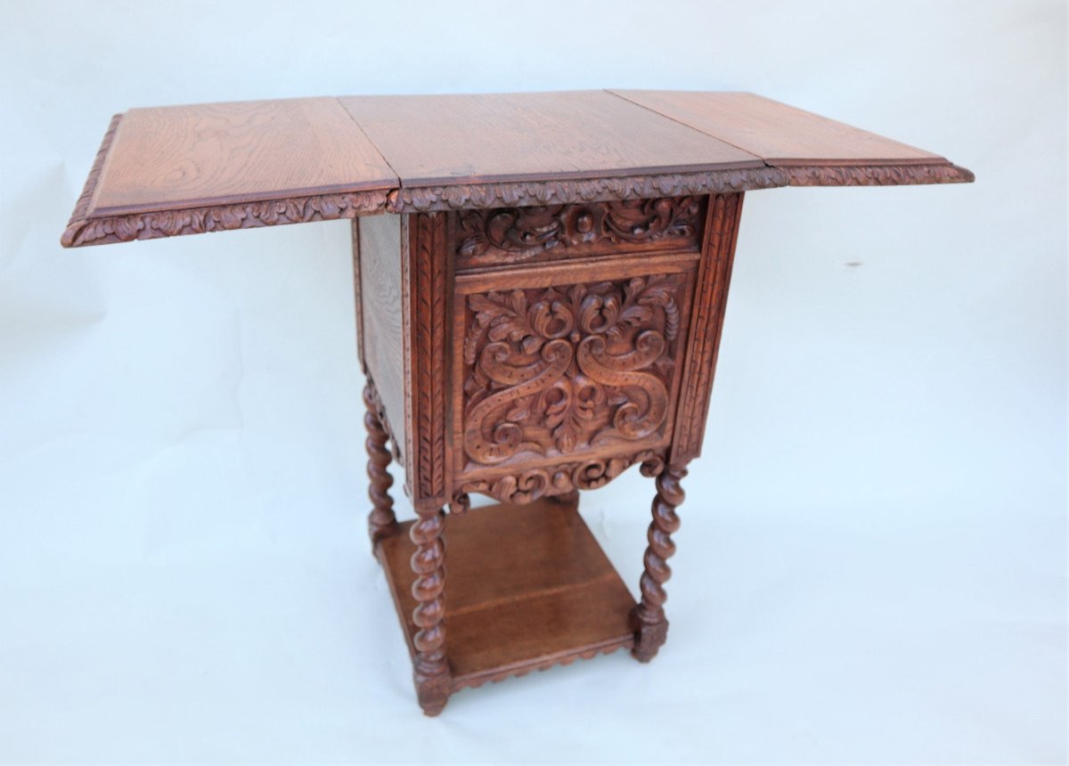 Table De Chevet à Abattants, Chêne Sculpté, Style Louis XIII, époque Second Empire-photo-2