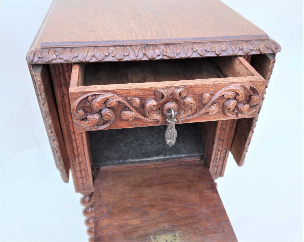 Table De Chevet à Abattants, Chêne Sculpté, Style Louis XIII, époque Second Empire-photo-2