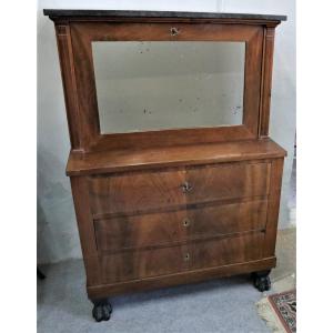 Small Secretary With Flap, Flamed Mahogany, Marble Top, Empire Period