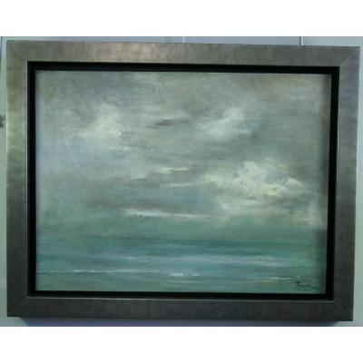 Francine Kerckx, " Ciel Et Mer " , Huile Sur Toile Encadrée