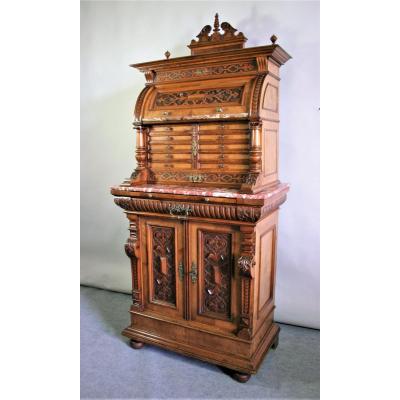 Cabinet With Two Corps Walnut Molded And Carved, Renaissance Style, End Of XIXth Century