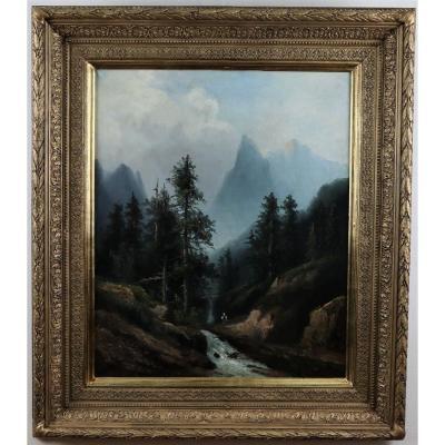 Paysage De Montagne Au Torrent, Huile Sur Toile, école Française, Vers 1860