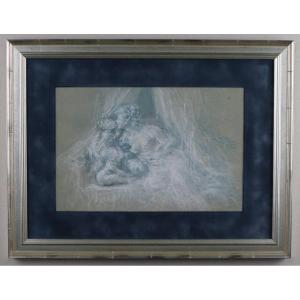 " le baiser", dessin, craie bleue et blanche, XIXeme siècle, cadre moderne.