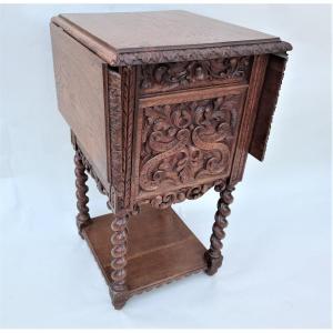 Bedside Table With Drop Leaf, Carved Oak, Louis XIII Style, Second Empire Period