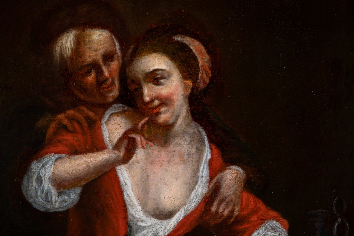 Willem van Mieris (1662-1747)  (suiveur XVIIe–XVIIIe siècle) – L’Aubergiste amoureux-photo-1