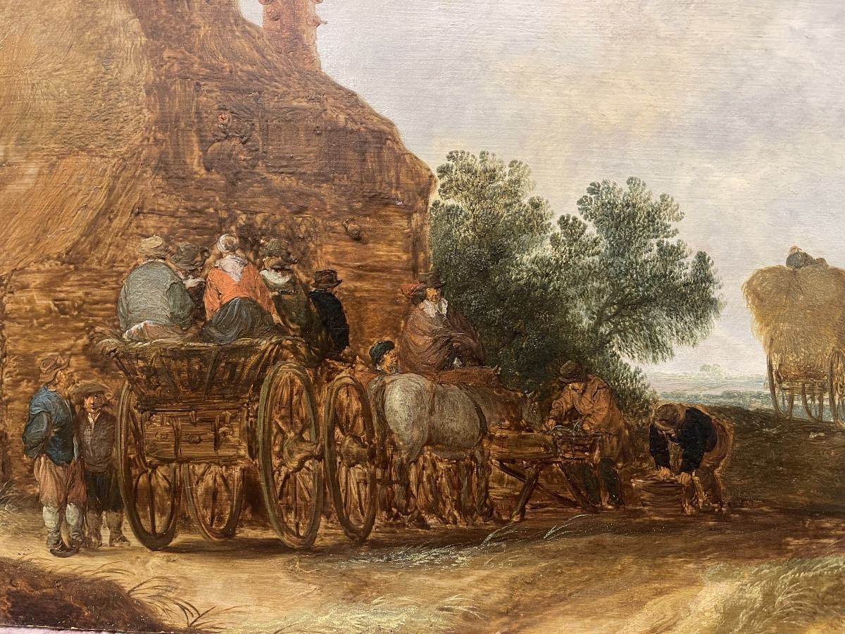 Entourage de Jan Van Goyen vers 1640 - 1650  ' LA DILIGENCE ' panneau chene-photo-2