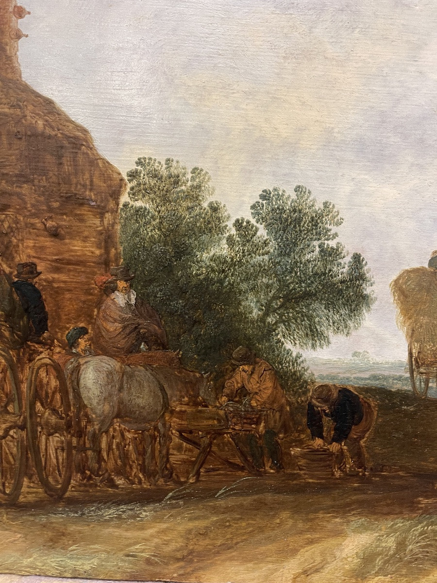 Entourage de Jan Van Goyen vers 1640 - 1650  ' LA DILIGENCE ' panneau chene-photo-3
