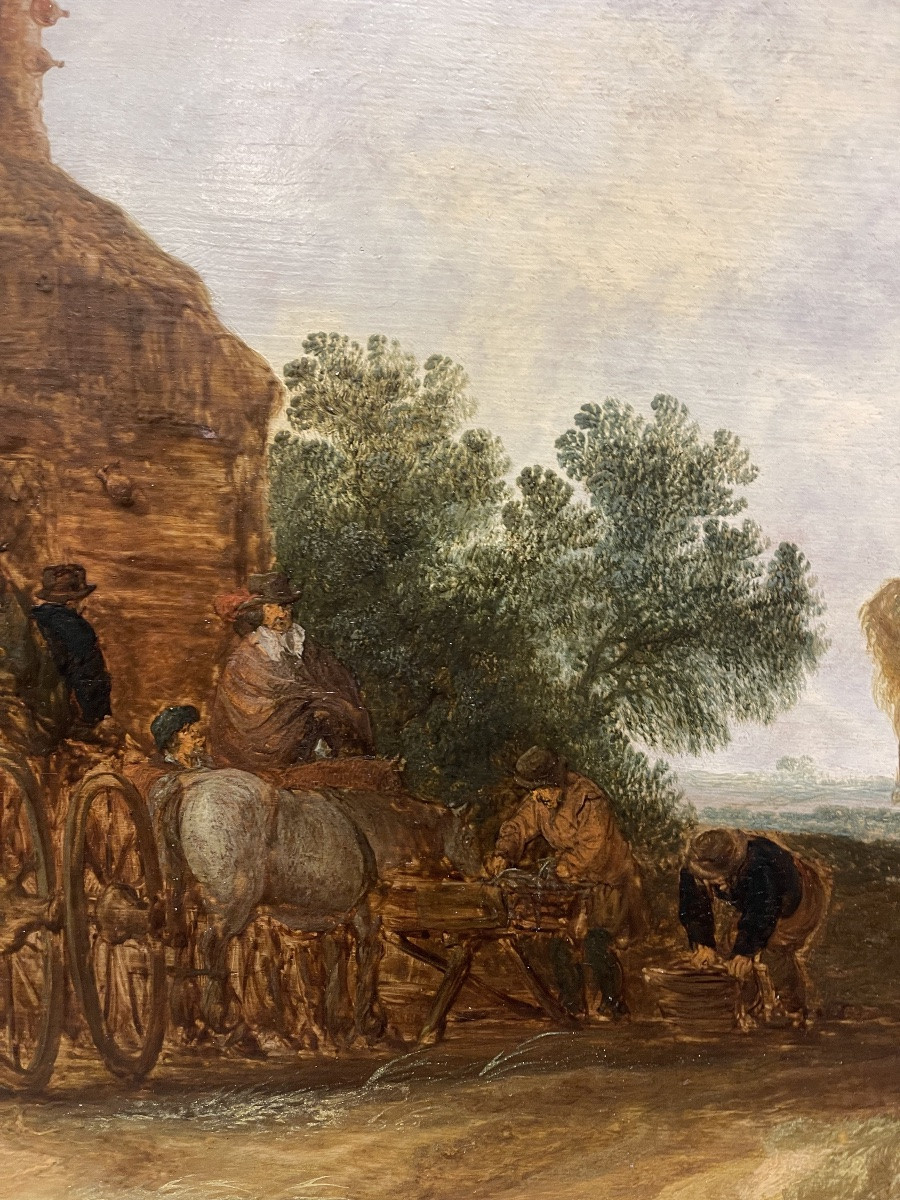 Entourage de Jan Van Goyen vers 1640 - 1650  ' LA DILIGENCE ' panneau chene-photo-5